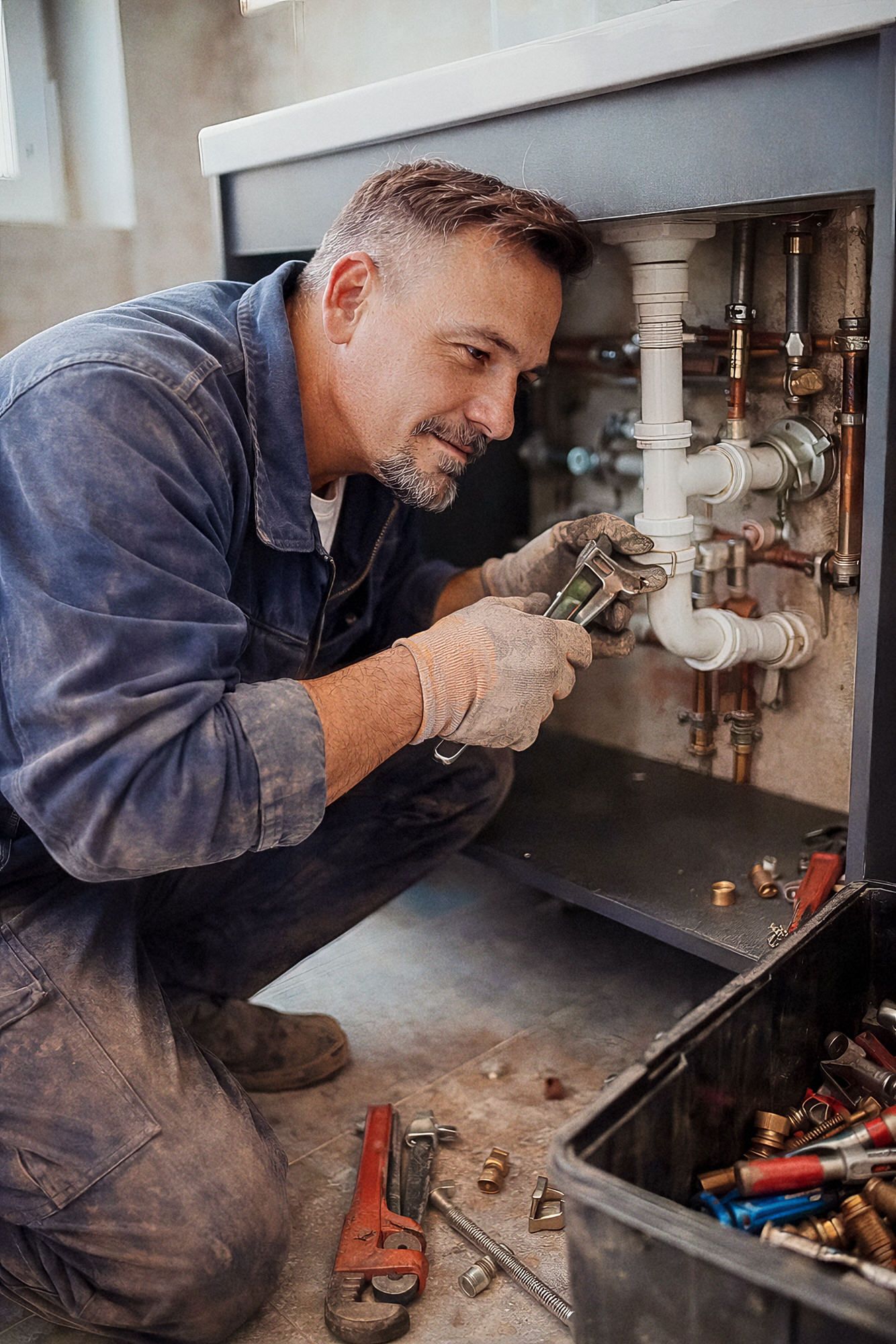 Plumber in blue coveralls using wrench to repair sink plumbing with various tools scattered on floor.