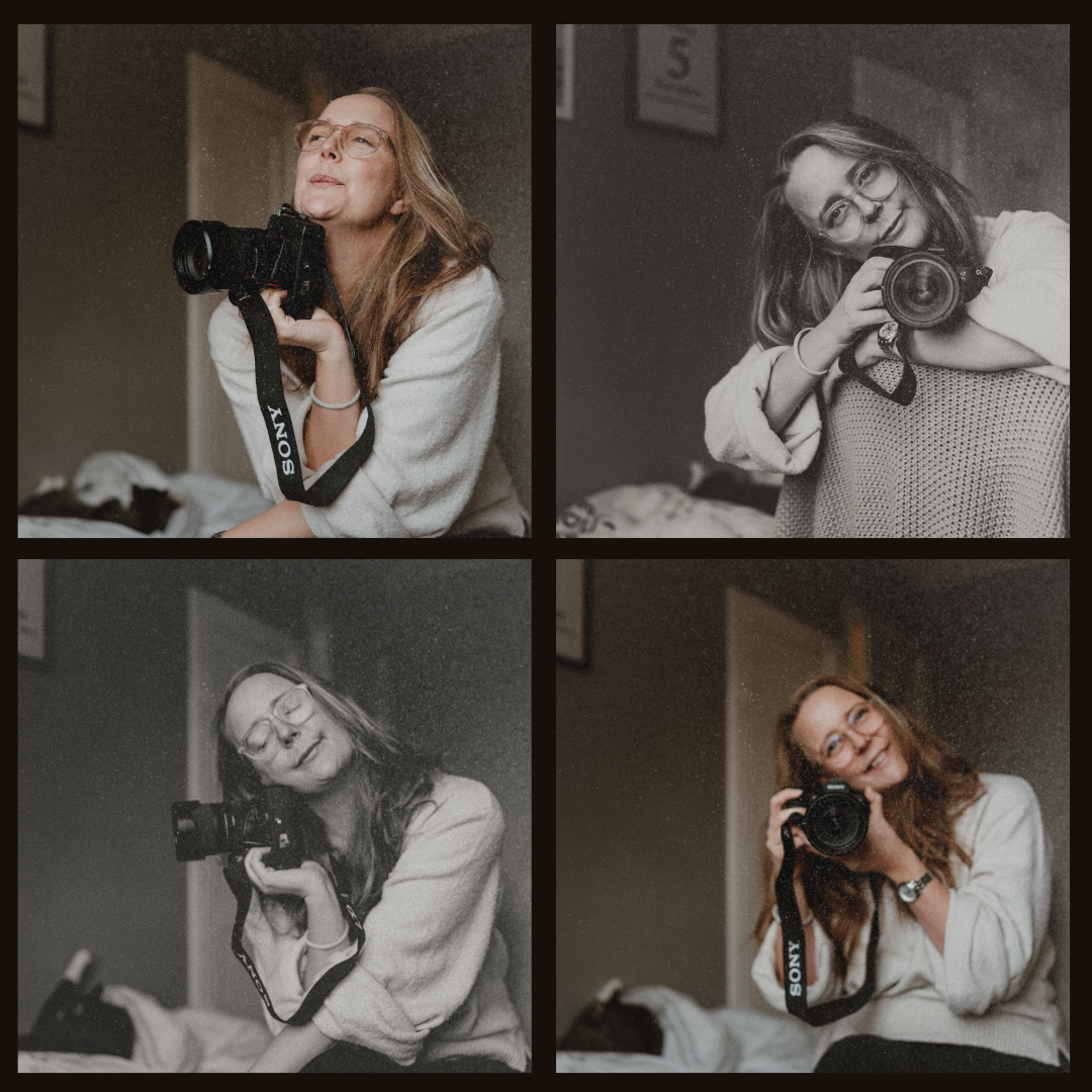 A photographer in a white sweater poses playfully with a professional camera in a black and white photo collage.