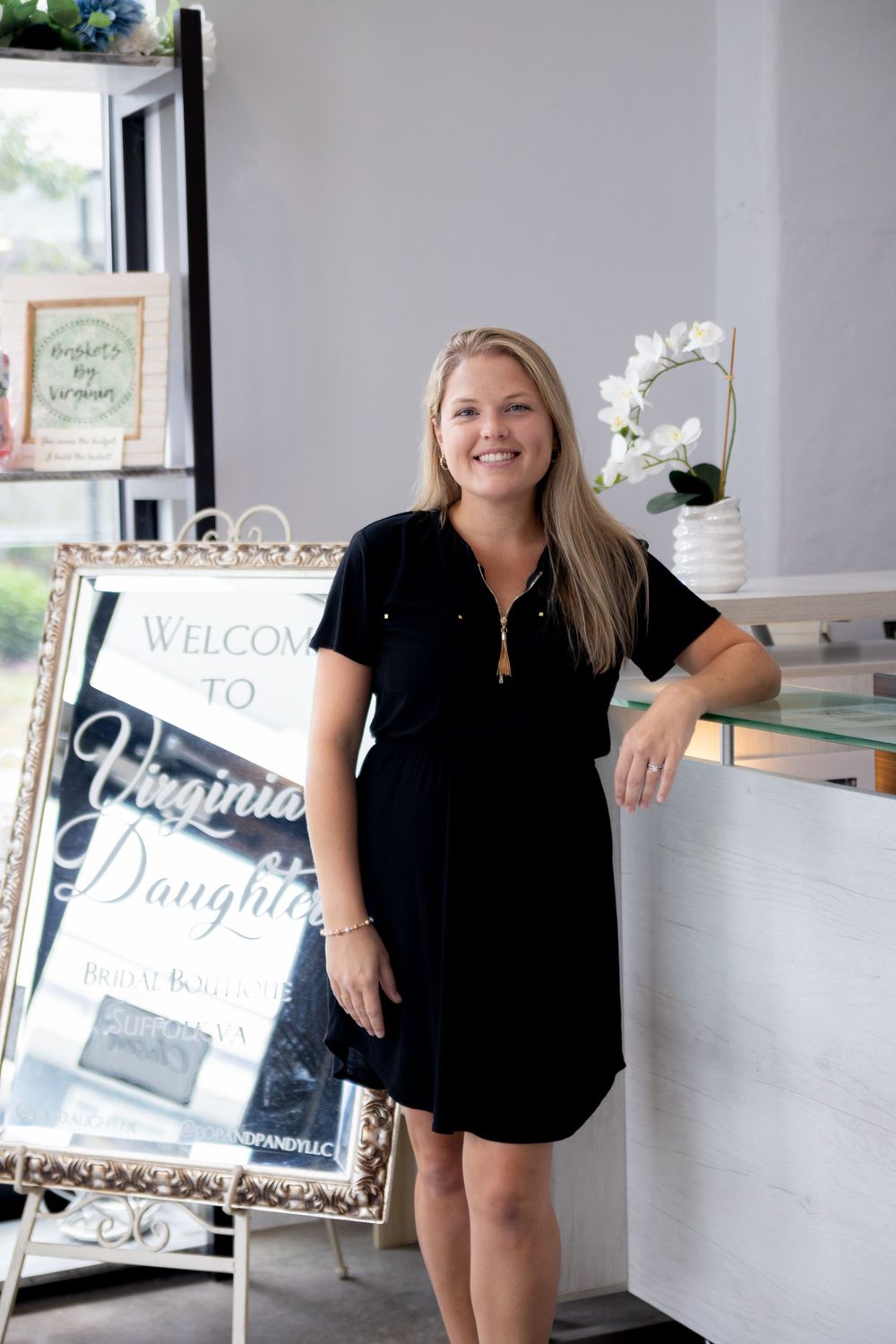 A series of three photos showing a modern interior space with welcome signs and decorative elements.