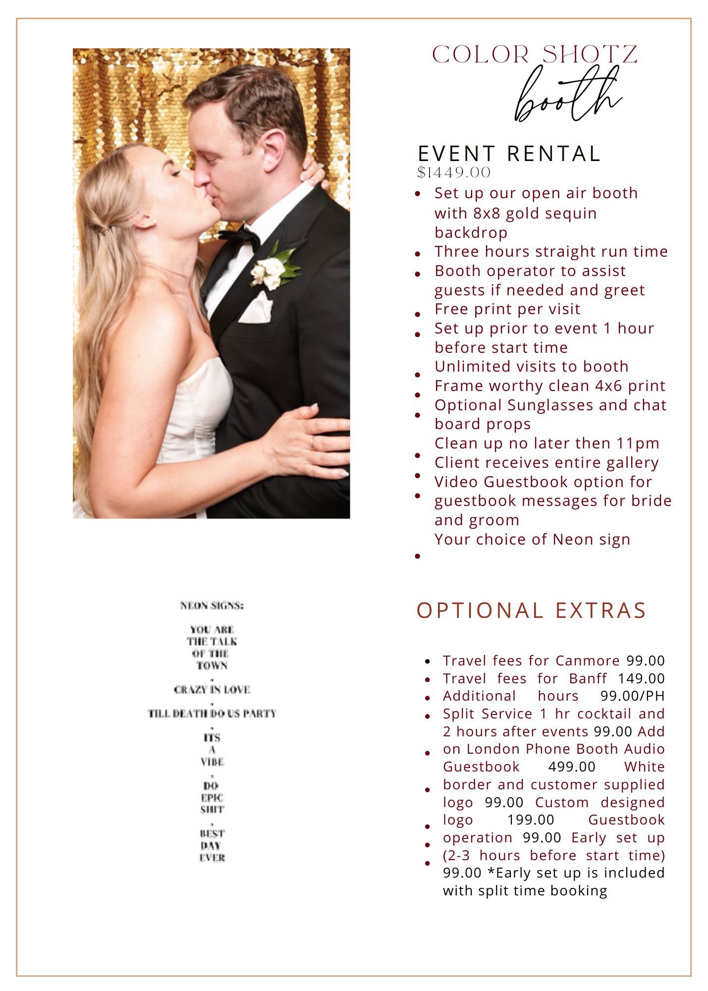 Wedding event rental pricing sheet with photo and list of booth services against white background.
