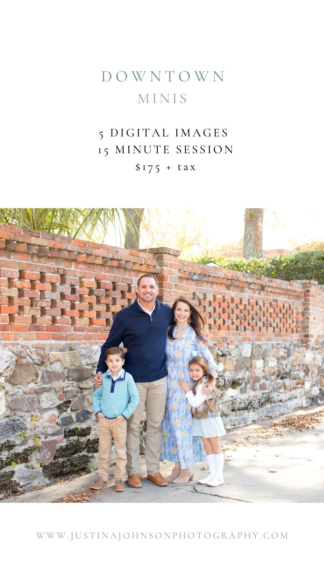 Family portrait session against rustic brick and stone wall in downtown setting during golden hour.