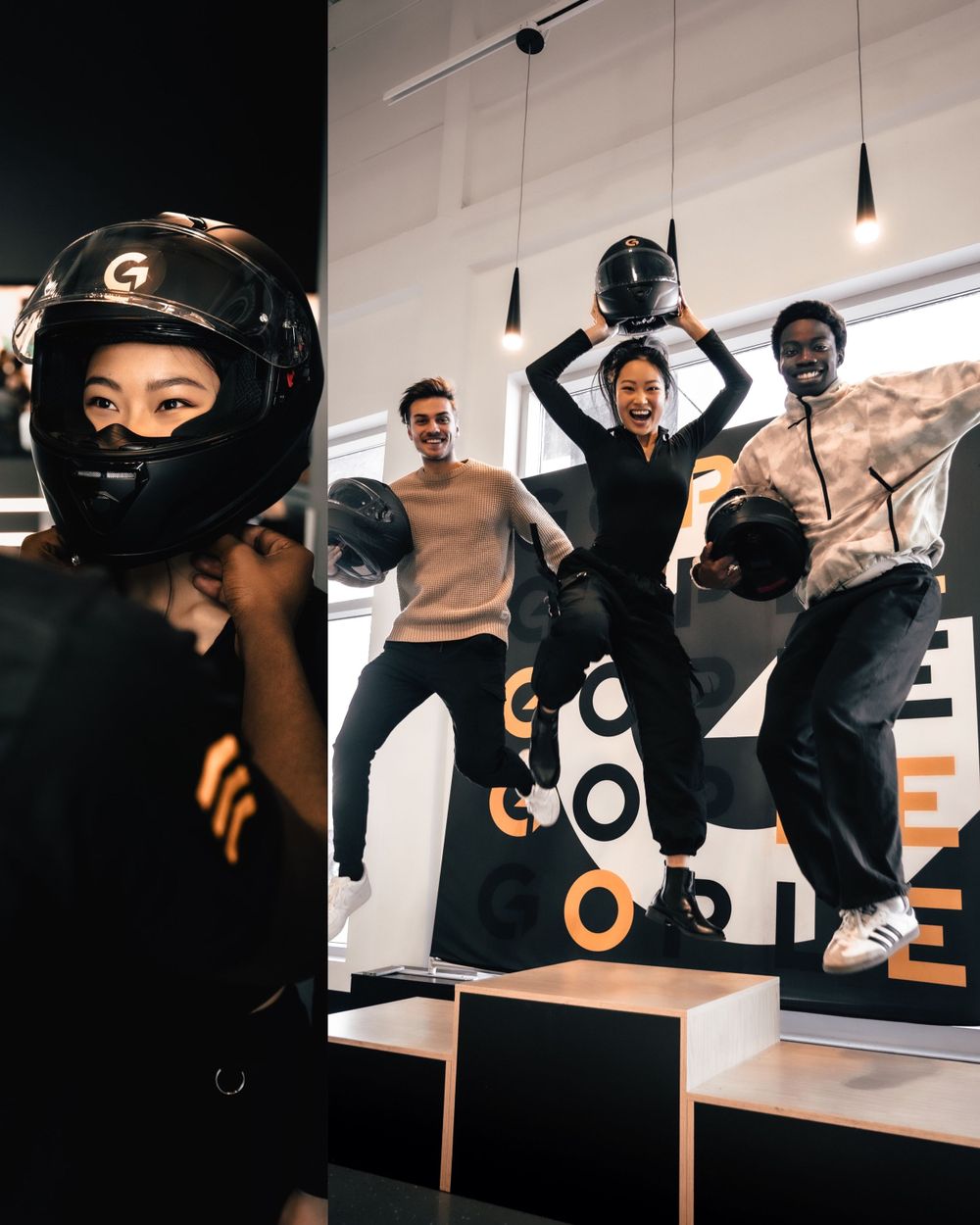 Group enjoying themselves in an indoor entertainment venue with one person wearing a racing helmet. Mtlshutter photography