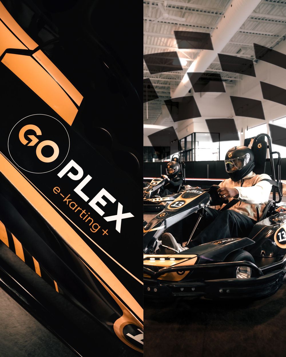 Go-kart racing facility showing GO PLEX branding and a racer in a black kart. Mtlshutter photography