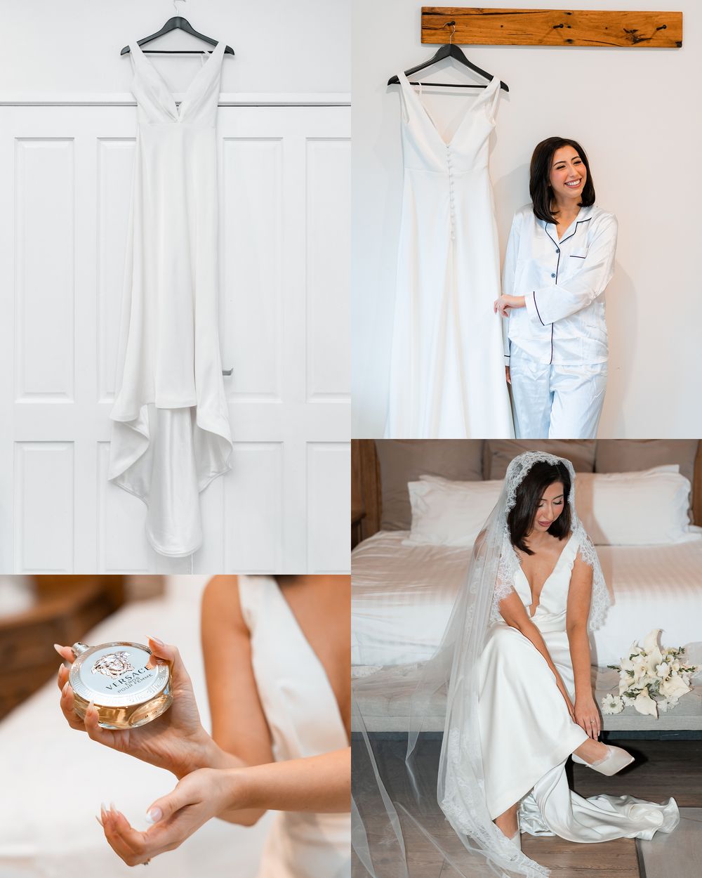 A collection of minimalist white clothing and self-care items arranged in a clean, modern aesthetic grid layout.