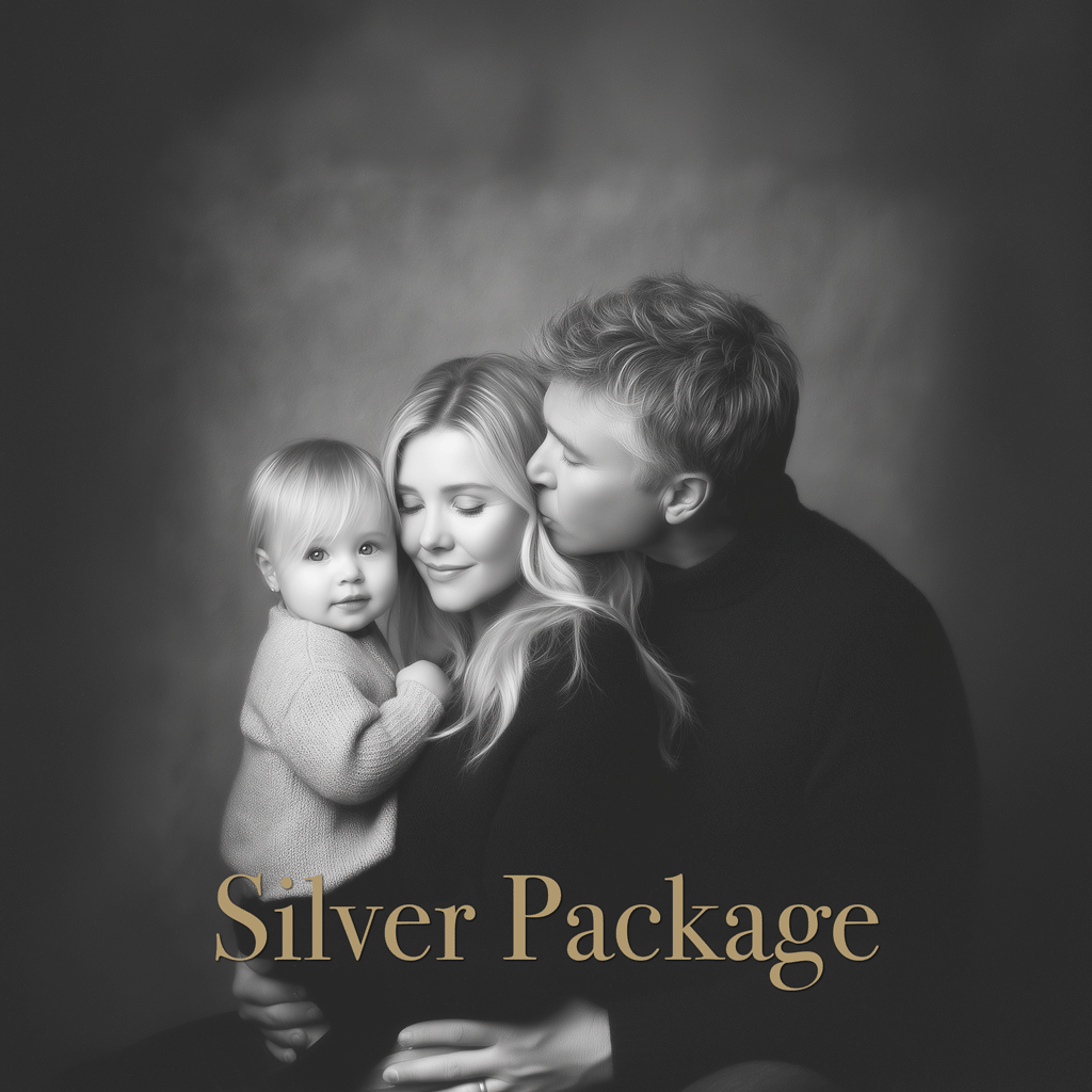 Silver Package - Black and white studio portrait with soft lighting showing intimate family moment against dark background.
