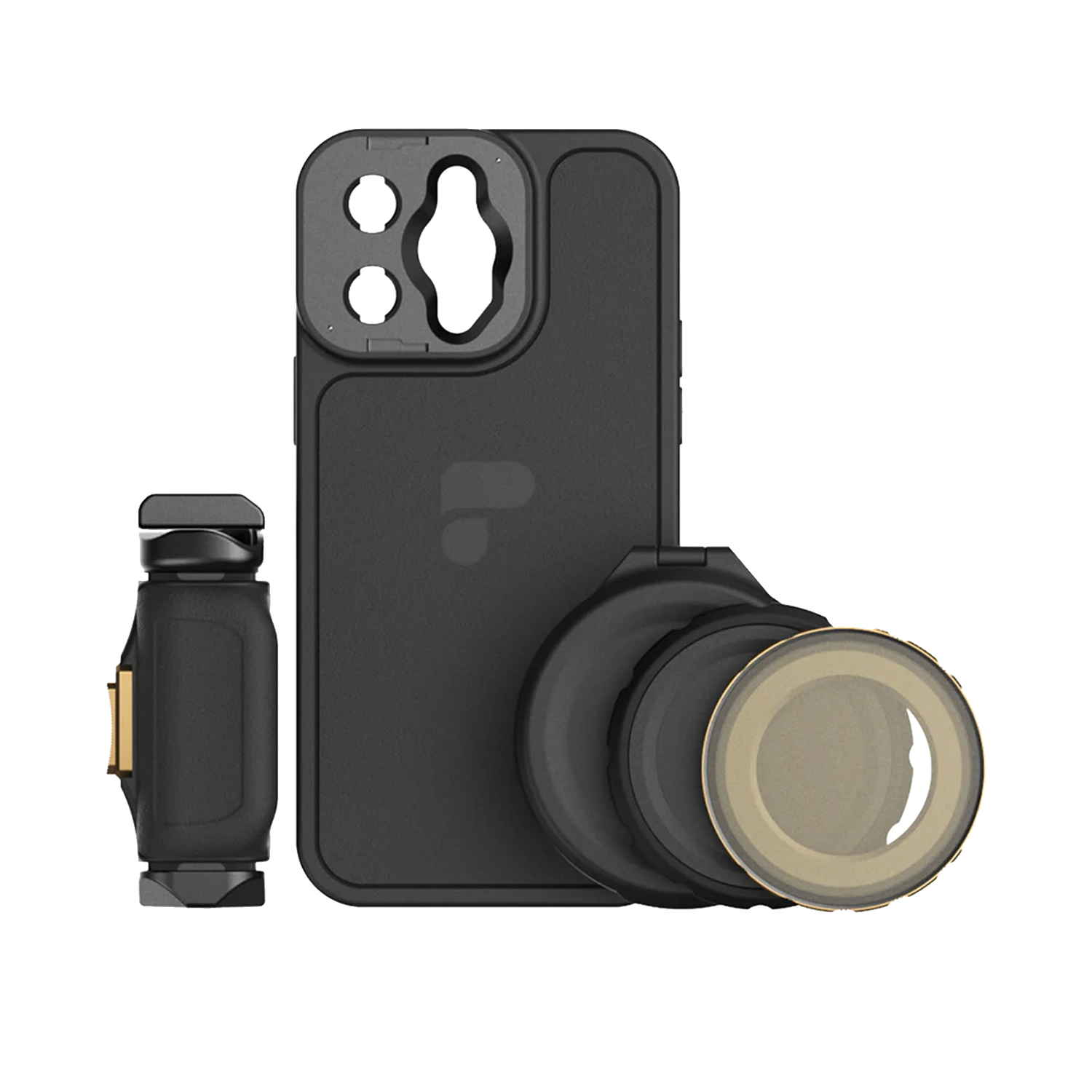 Black smartphone case with camera attachment and mount system for professional mobile photography.