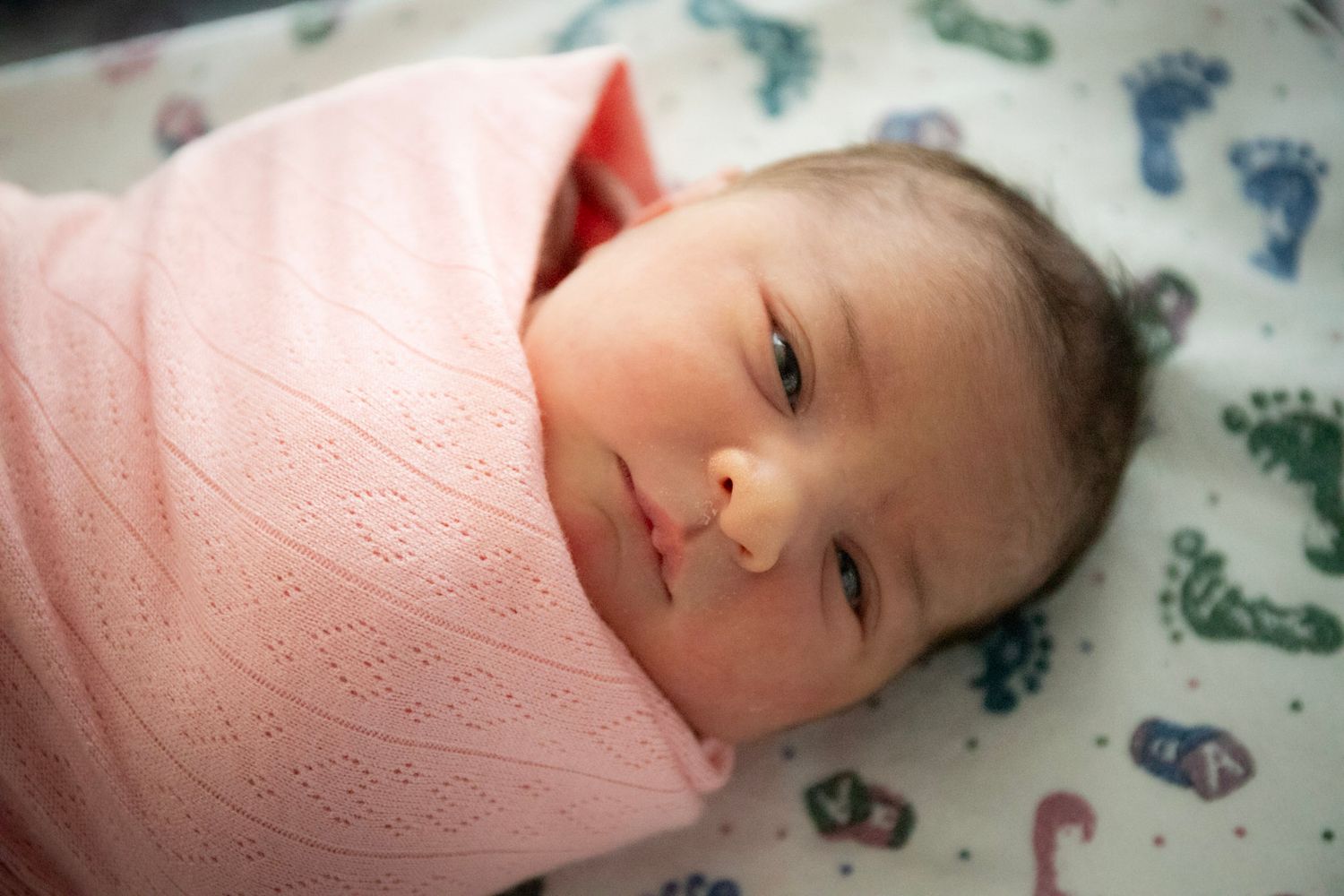 Newborn baby swaddled in pink blanket lying on butterfly patterned bedding looks peacefully at camera.