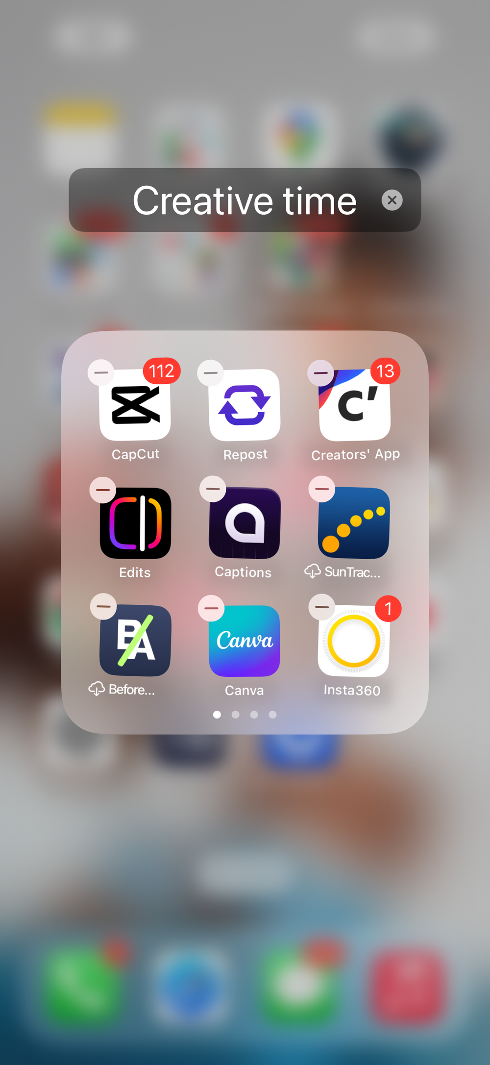 A smartphone screen showing a 'Creative time' folder with app icons including EpicCut, Repixr, Canva, and editing tools.