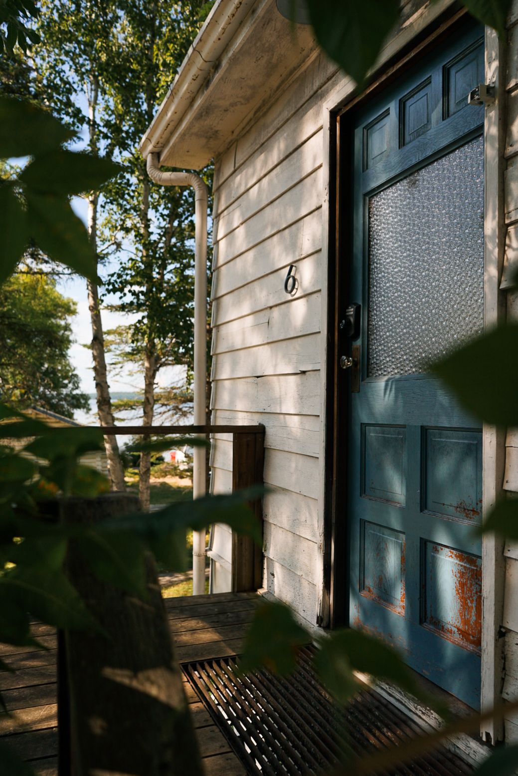 Rustic cabin exterior with weathered wood siding and frosted windows in dappled sunlight.