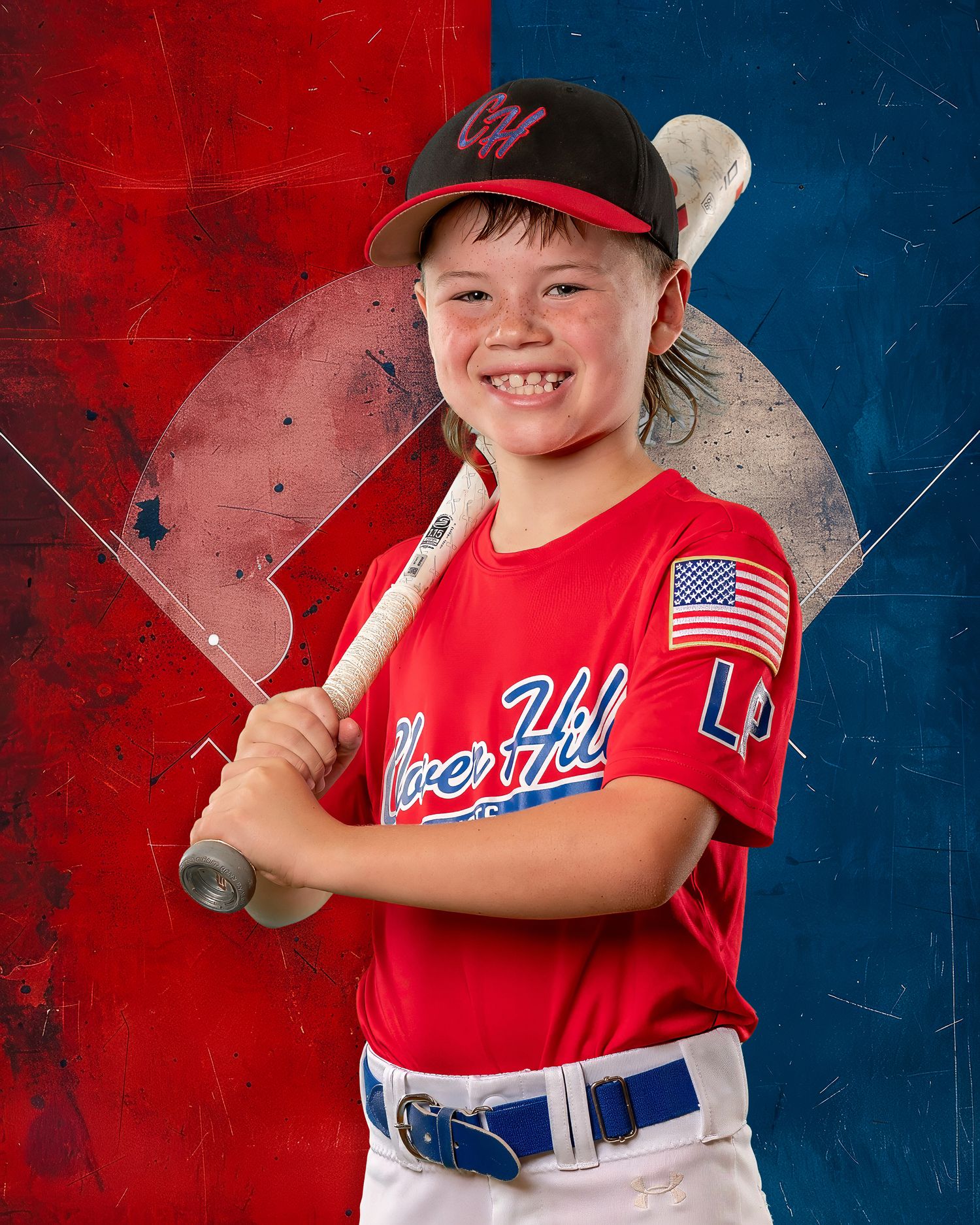 Youth baseball player in red uniform and cap poses with bat against red and blue backdrop.