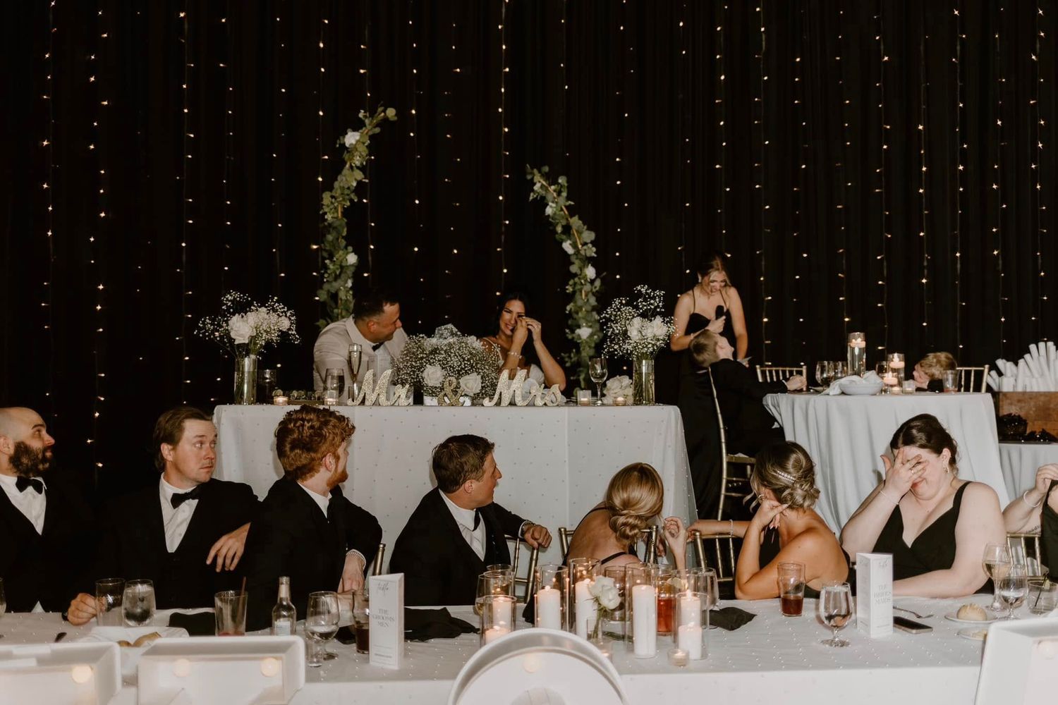 Wedding reception guests seated at a white-clothed head table with twinkle lights and floral arrangements in the background.