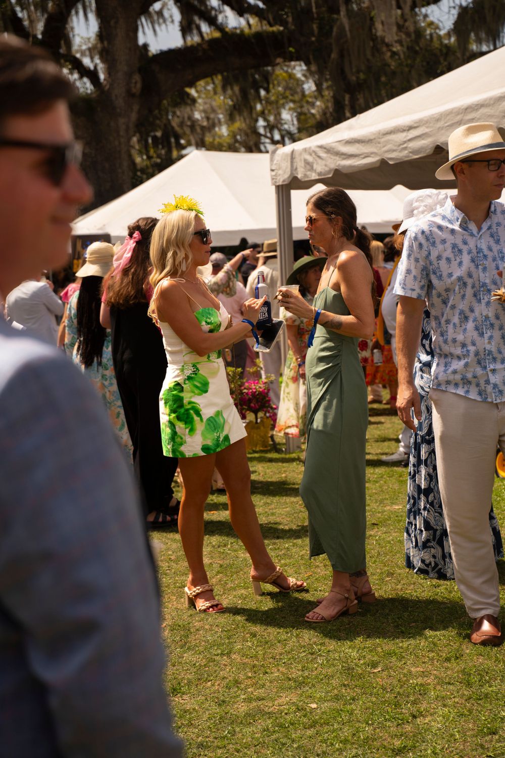 Guests in summer attire socialize on Airlie Gardens lawn at Airlie Luncheon Garden Party.