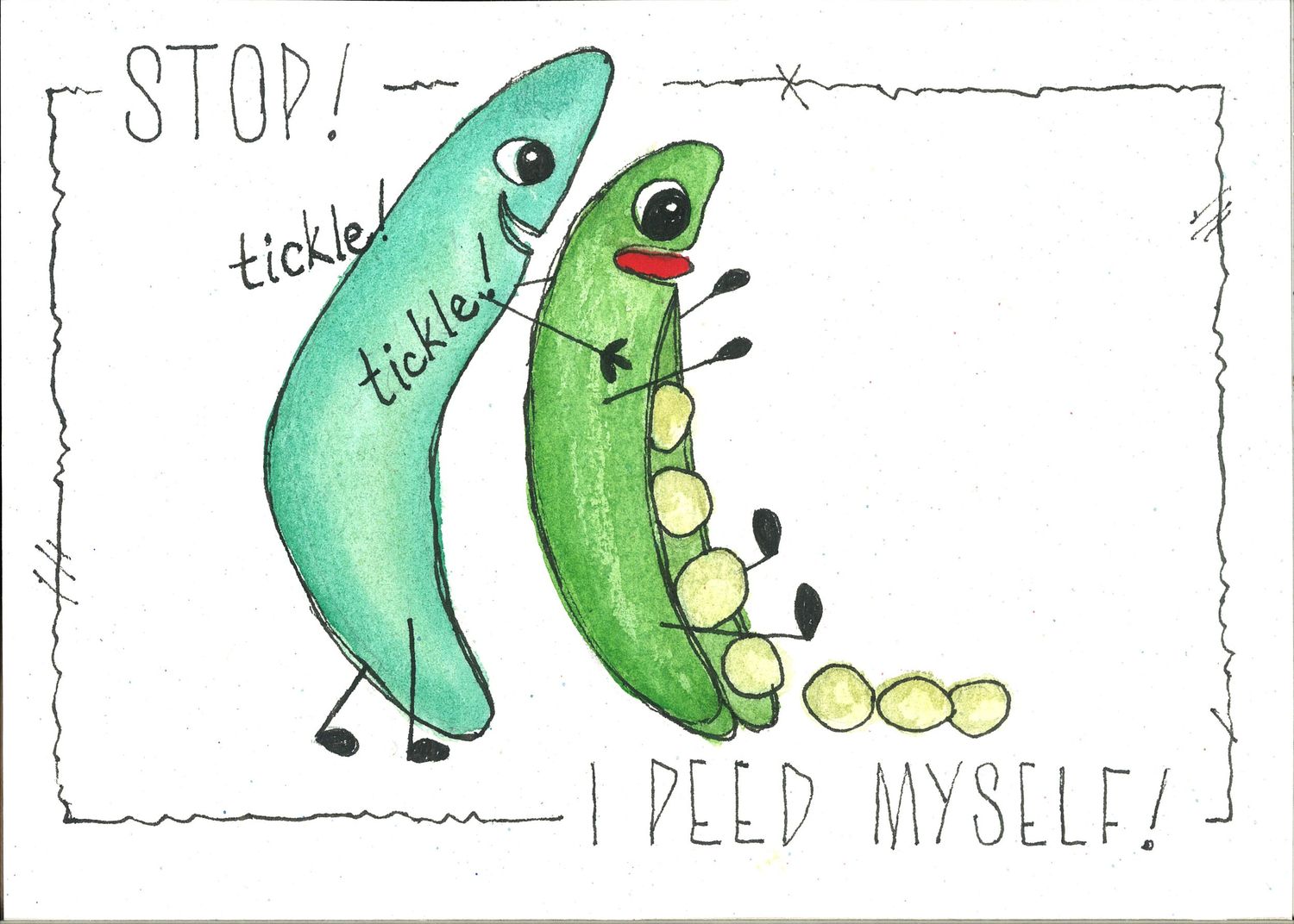 Two cartoon pea pods with funny faces and text saying 'STOP! tickle tickle I PEED MYSELF!'.