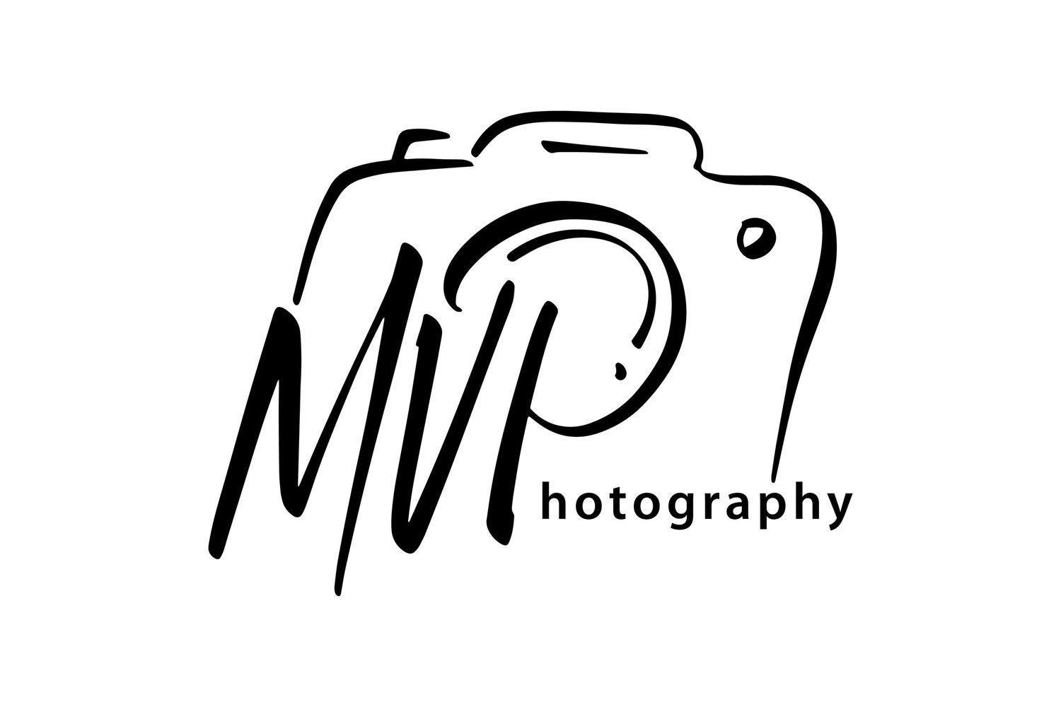 Minimalist logo design featuring a camera silhouette with MV Photography text.