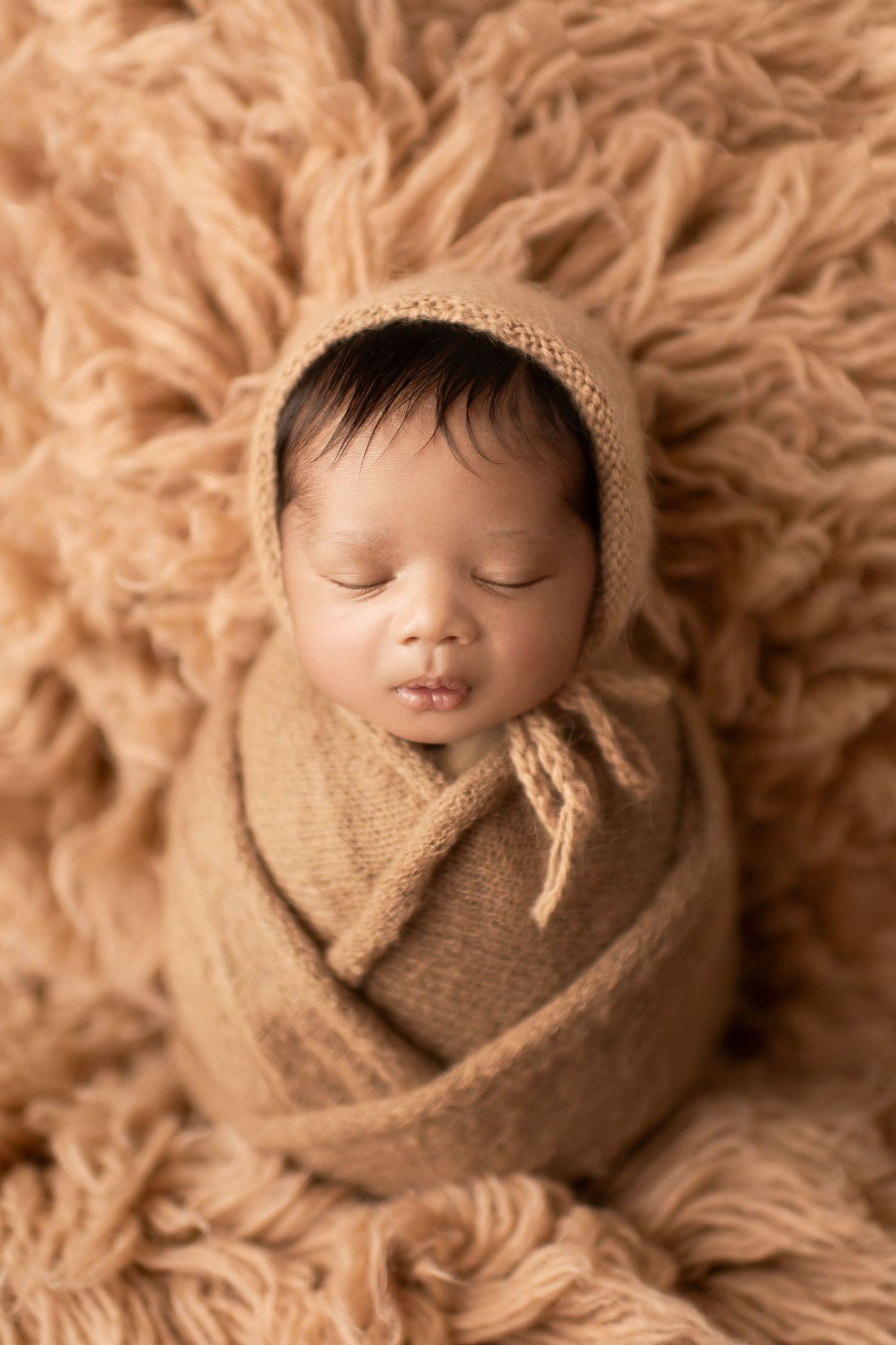 Peaceful newborn photography in warm sepia tones with soft textured blankets and wraps creating a cozy artistic composition.