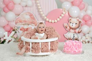 Baby girl in pink fluffy basket with teddy bear decor, balloons, and pink cake for first birthday photo shoot.