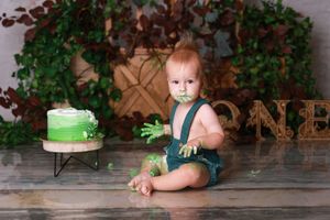 Rustic woodland themed first birthday photo setup with greenery and wooden elements.