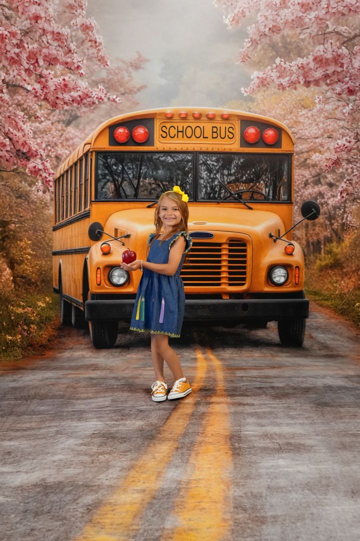 Yellow school bus parked on road with cherry blossoms creating magical autumn scene in background.