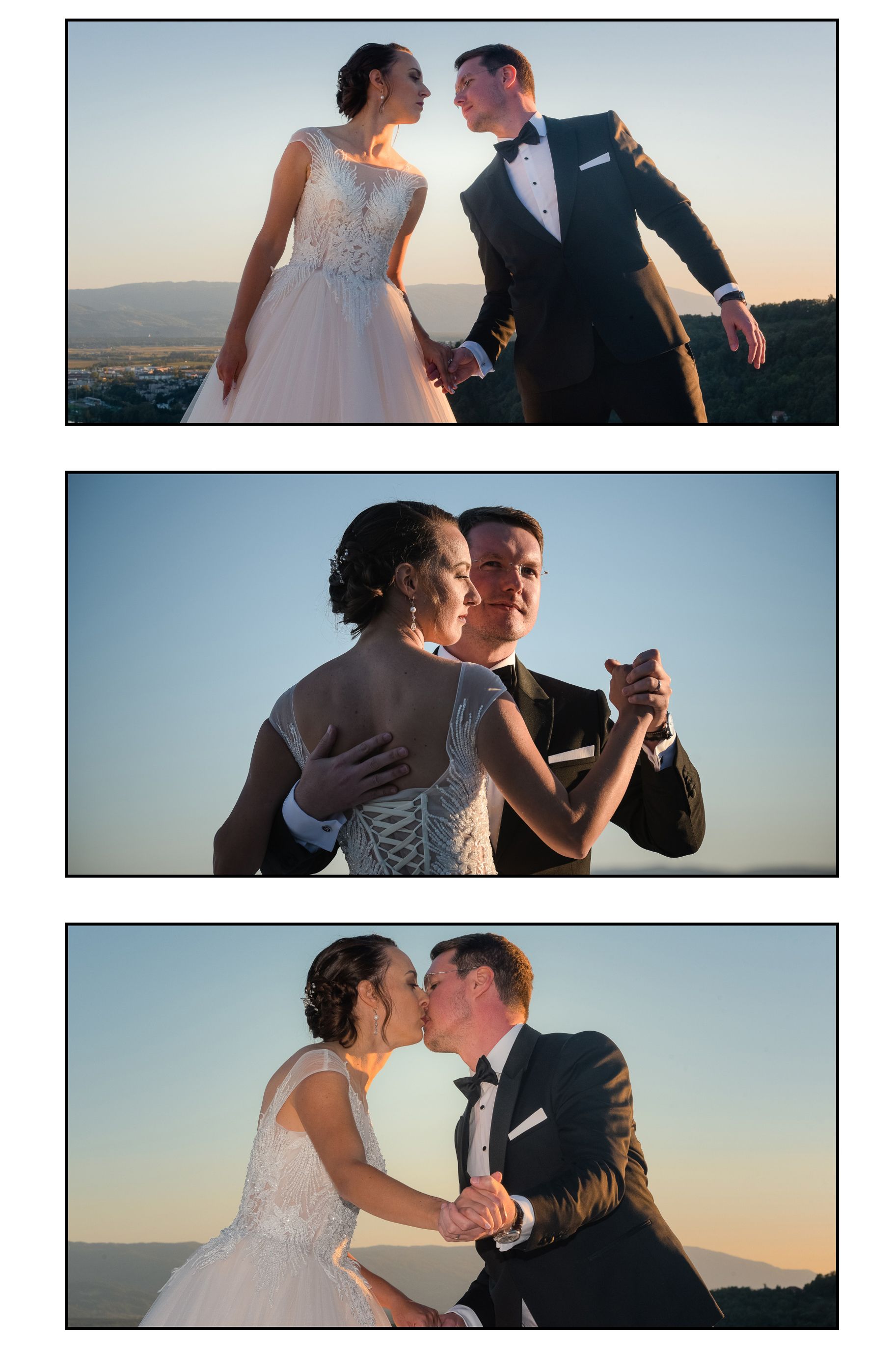 Romantic couple dances intimately in elegant wedding attire against a sunset sky backdrop. Restavracija Tri Lučke, Krško