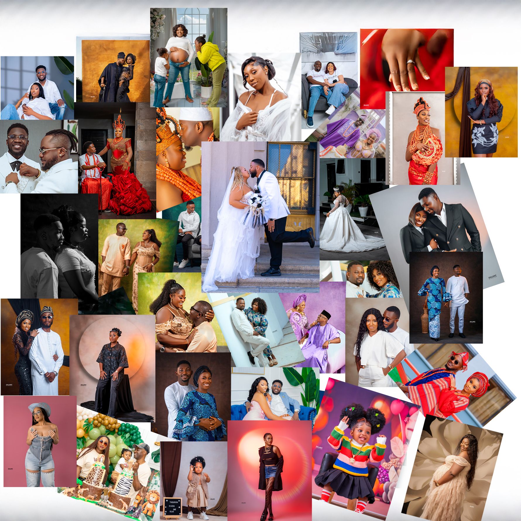 Collage of various romantic and wedding photography shots arranged in grid format.