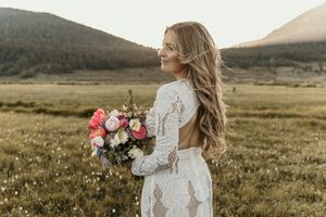 A series of seven outdoor photos in a grassy mountain field with soft natural lighting at golden hour.