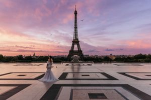 Several stunning panoramic sunset views of the Eiffel Tower from Trocadero Plaza in Paris during golden hour.