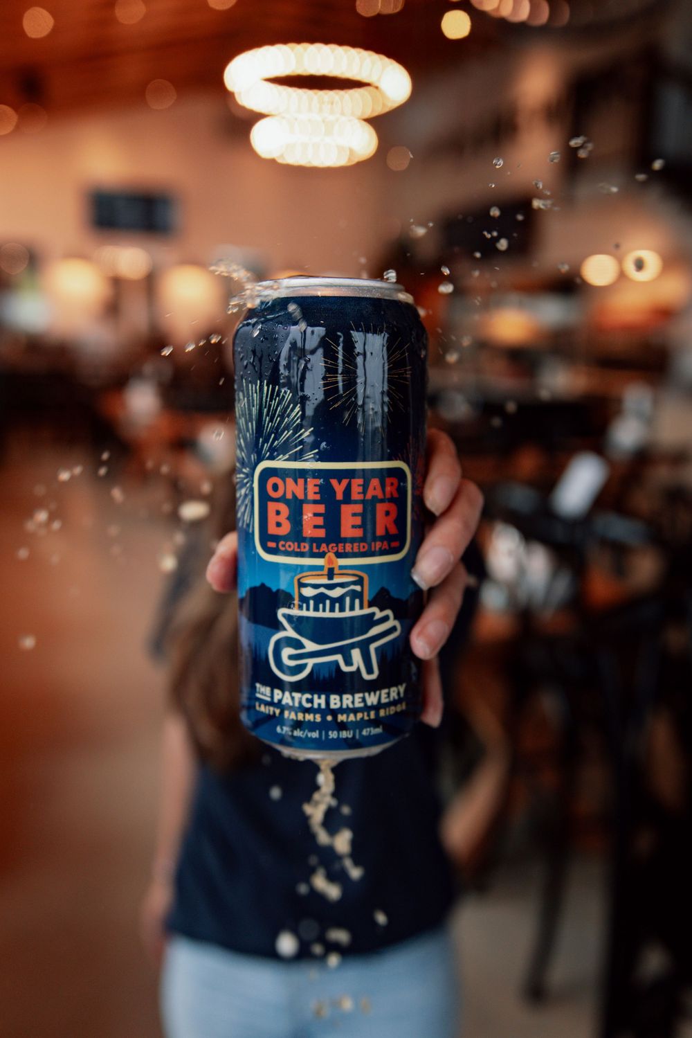 A hand holds up a dark can of 'One Year Beer' from Branch Brewing against a blurred bokeh background.