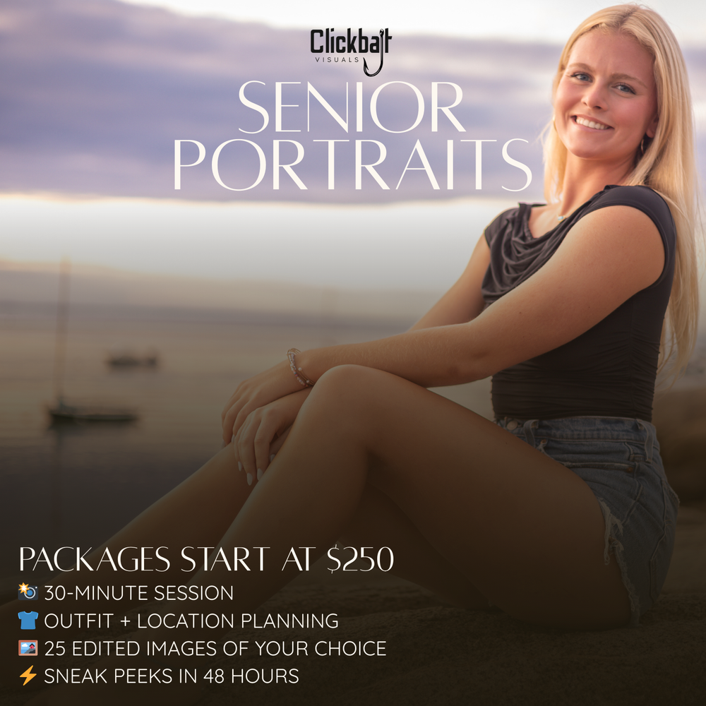 Photography advertisement showing a coastal outdoor portrait session with soft lighting and professional styling details.