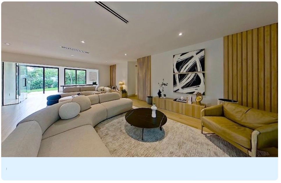 Modern home interior design showcases living spaces with yellow accents and elegant furnishings throughout multiple rooms.