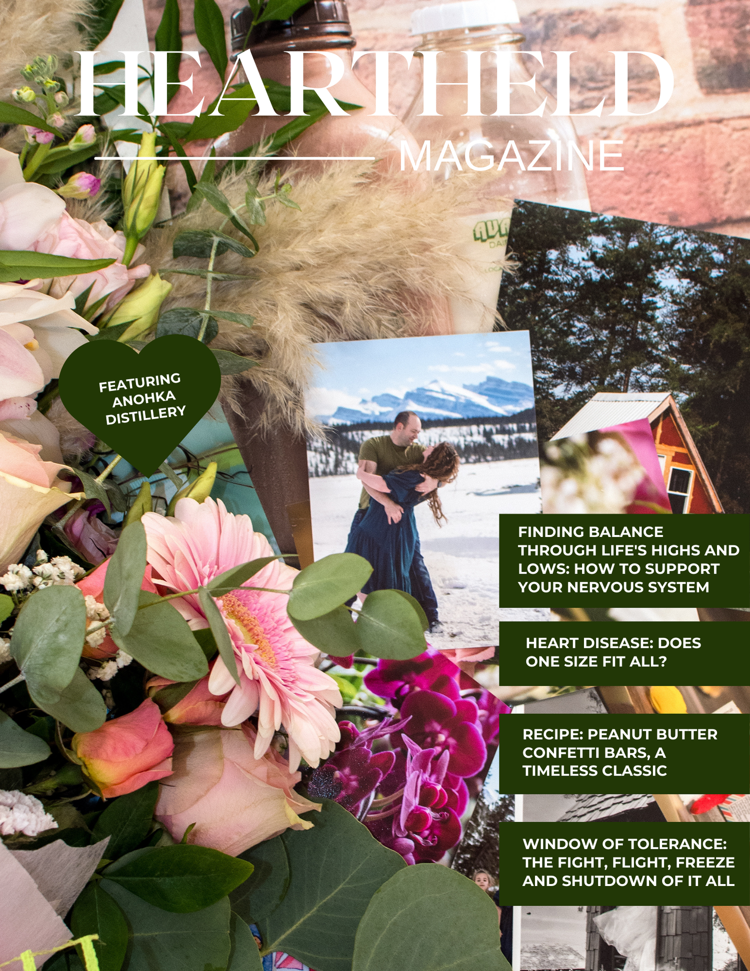 Health magazine covers and pink floral arrangements displayed together with green foliage in soft lighting.
