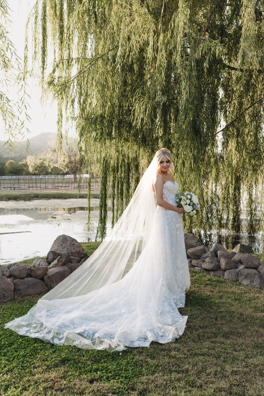 A cascading wedding gown with a flowing train fills the frame under a willow tree by a rocky shoreline.