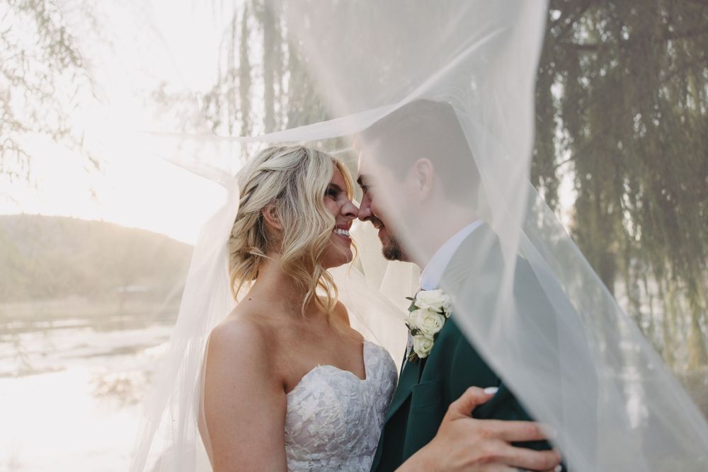 Collage of romantic wedding photography moments with soft lighting and natural outdoor backdrops.