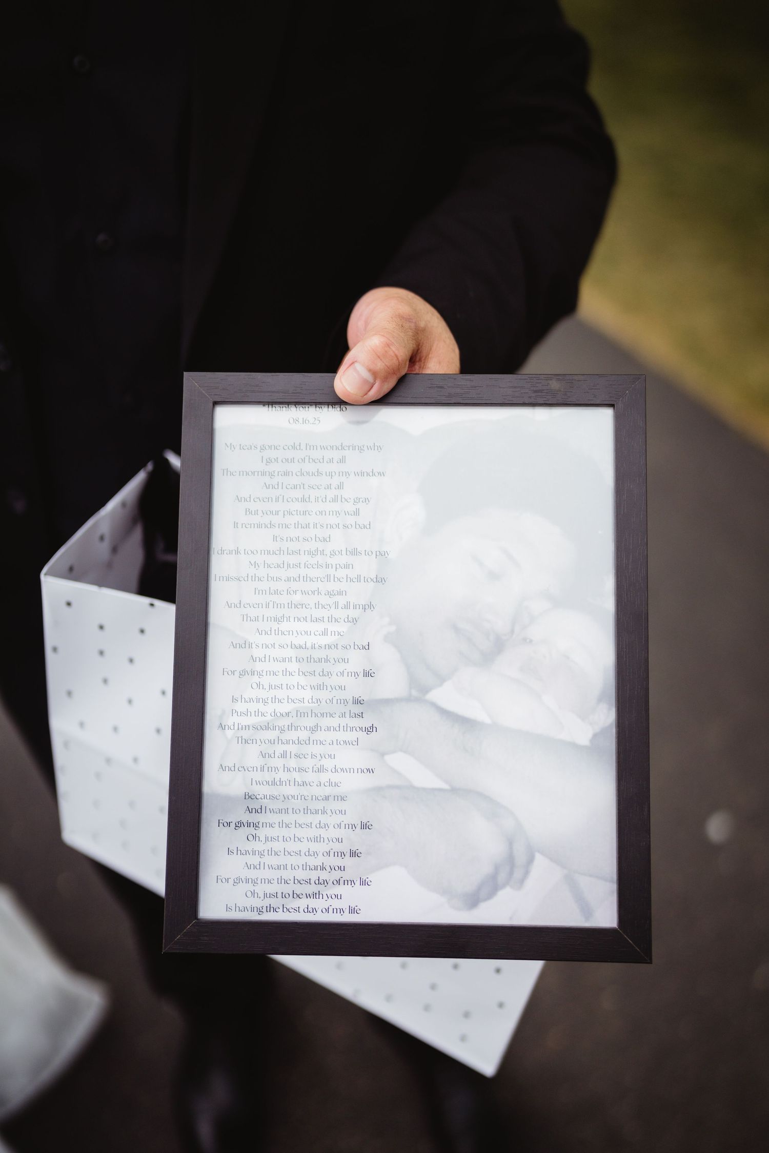 A series of black framed photos displaying handwritten text on white paper against a dark background.