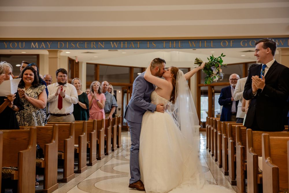 Panoramic collage of a church wedding ceremony showing the couple and guests in wooden pews throughout different moments.