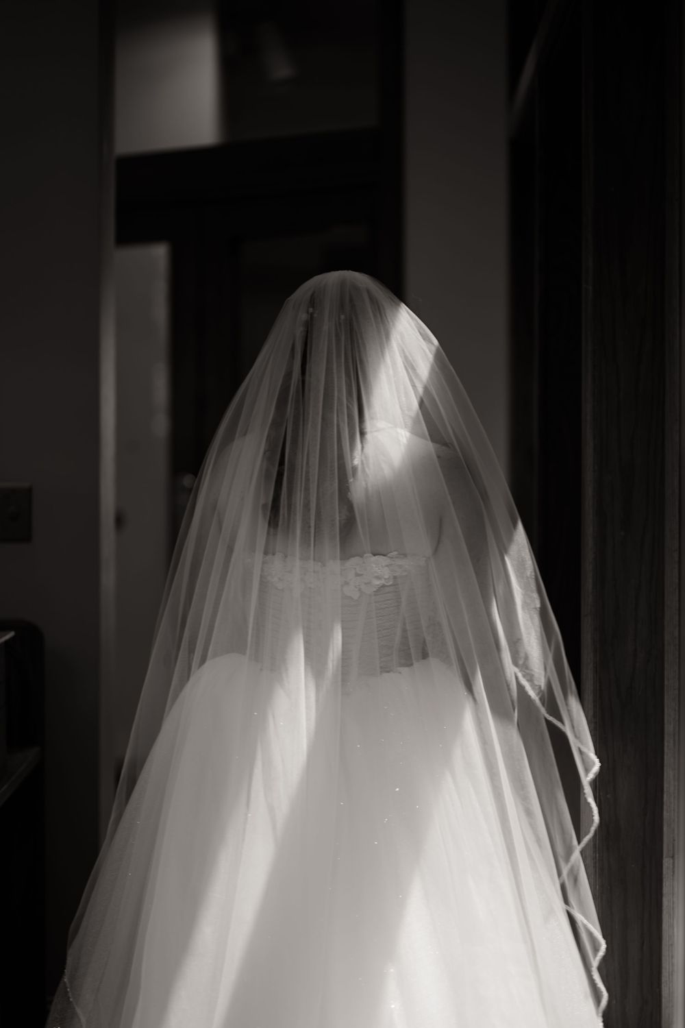 Dramatic black and white photo showing a bride from behind with a flowing long veil in soft lighting.