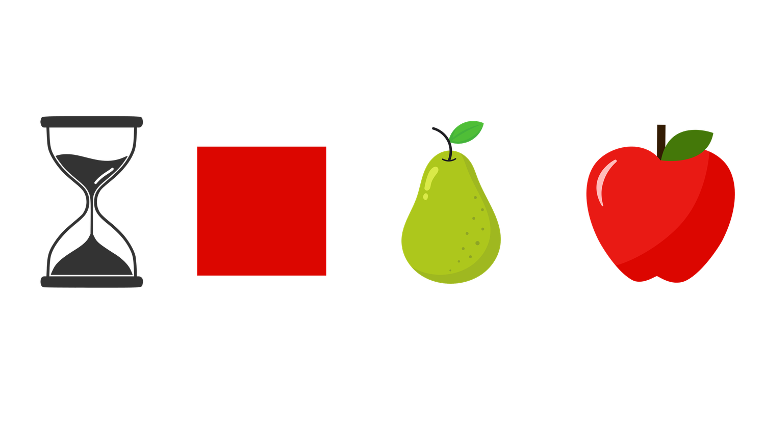 A simple illustration showing an hourglass, red square, green pear, and red apple in a horizontal row.