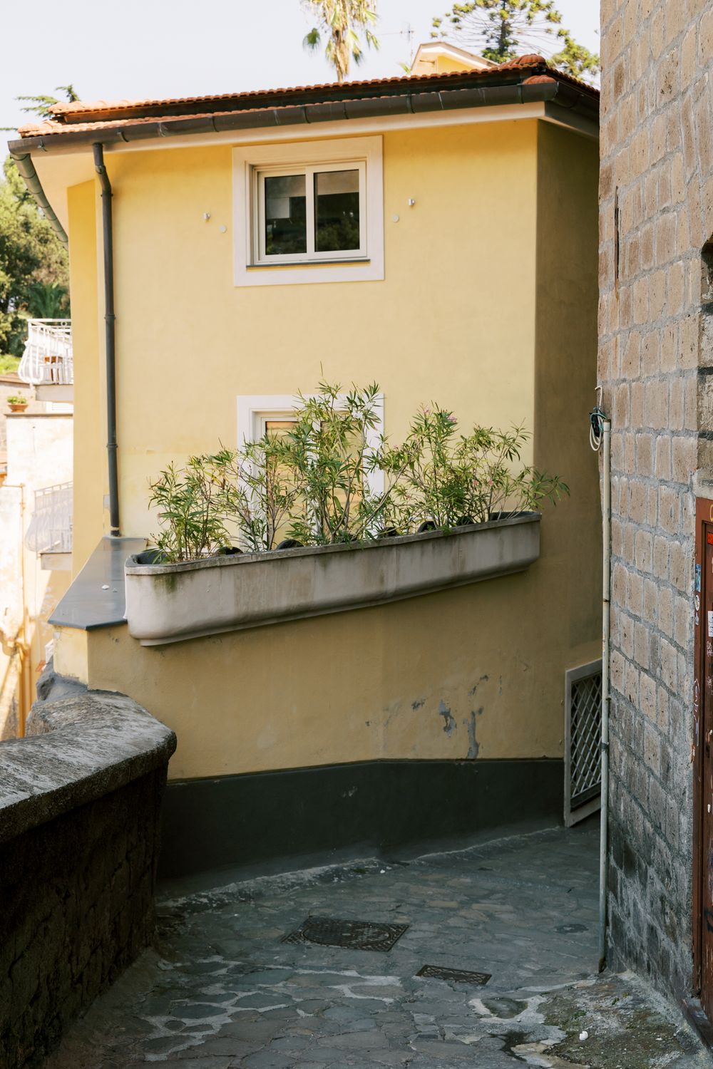 A stone pathway leads to a cream-colored building with planter boxes mounted on the exterior walls.