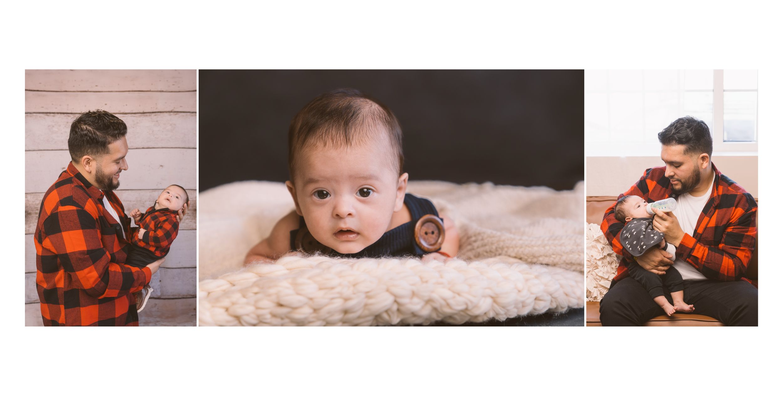 Series of intimate newborn photography poses on soft cream backgrounds.