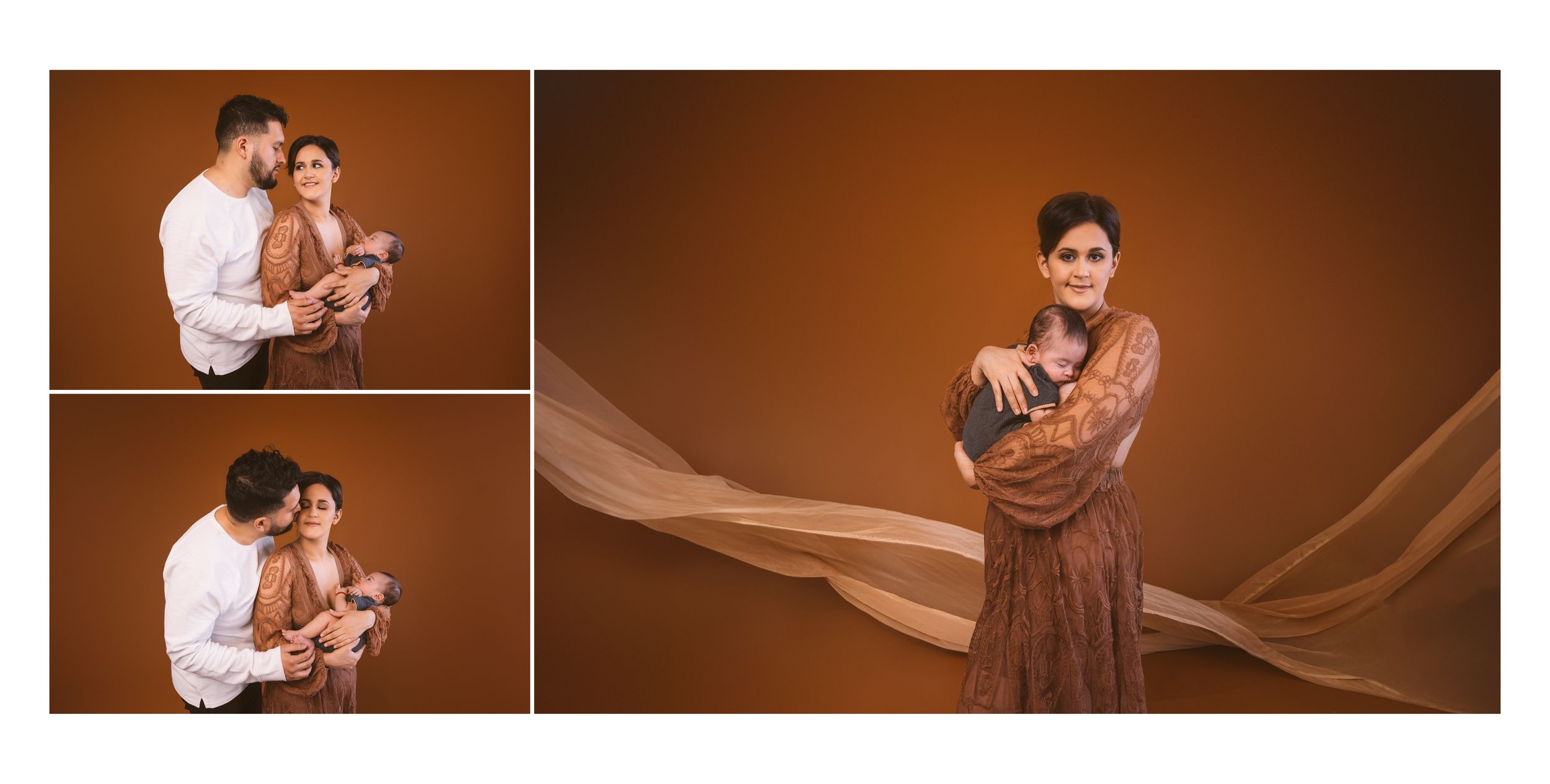 Couple embracing in warm lighting during an intimate indoor portrait session.