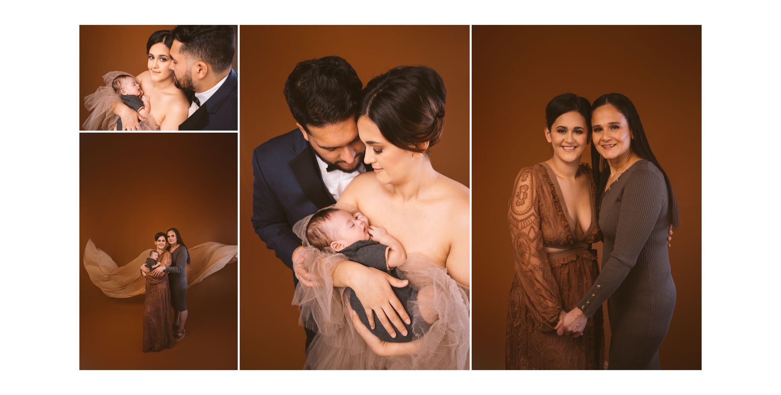Warm-toned family photography session showing tender moments and embraces.