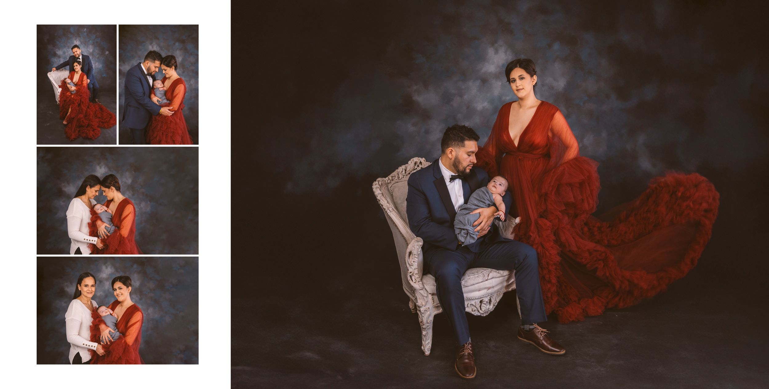 Dramatic portrait series featuring romantic couples poses and flowing red fabric.