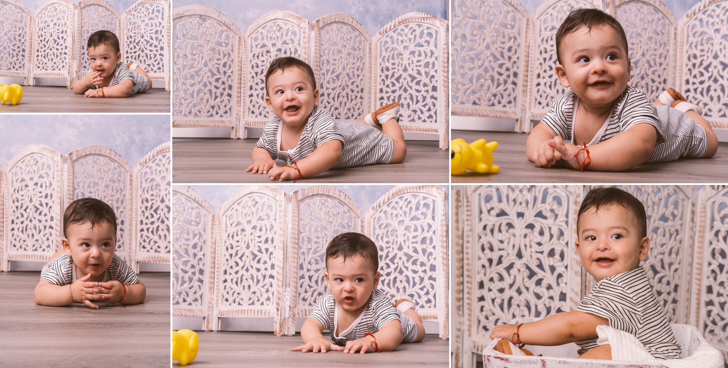 Collage of baby portraits showing various expressions while lying on light colored floor.