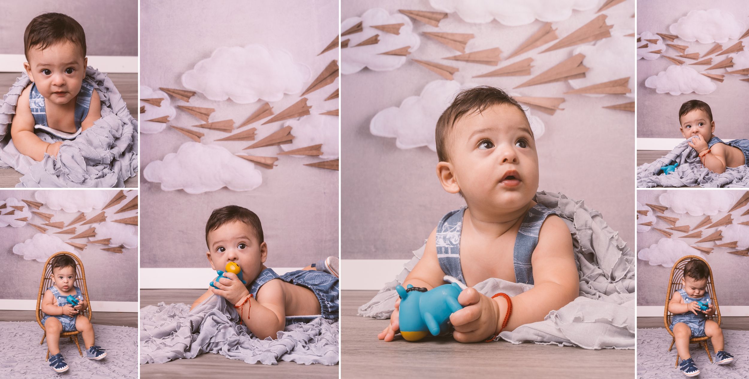 Series of candid baby photos showing playful moments on pink and white backdrop.