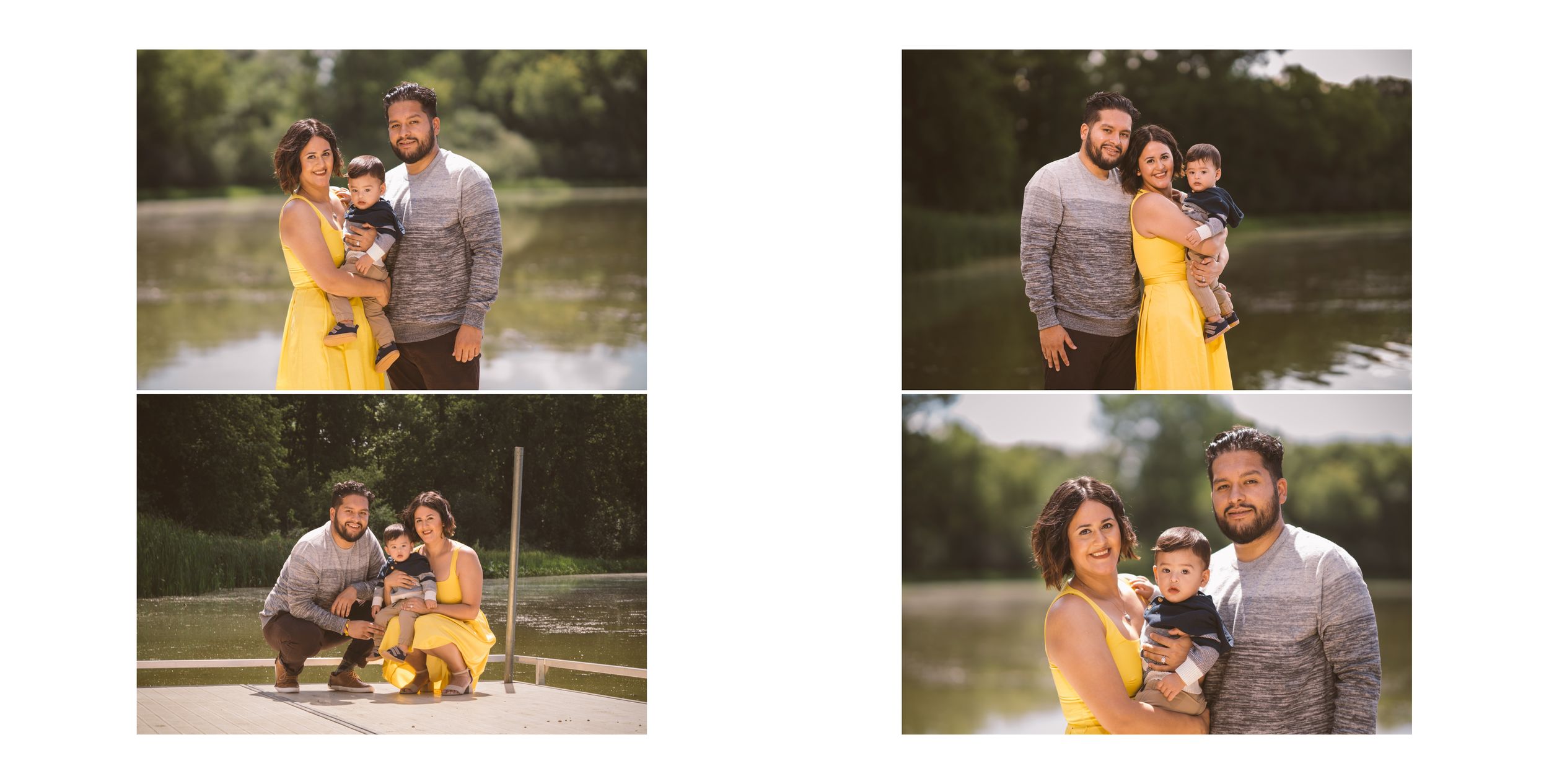 Collection of outdoor family photos taken near a lake during golden hour.
