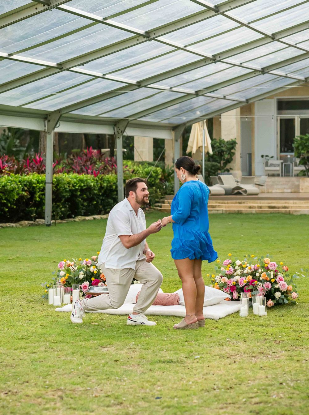 A surprise proposal moment captured in a greenhouse with romantic floral arrangements.