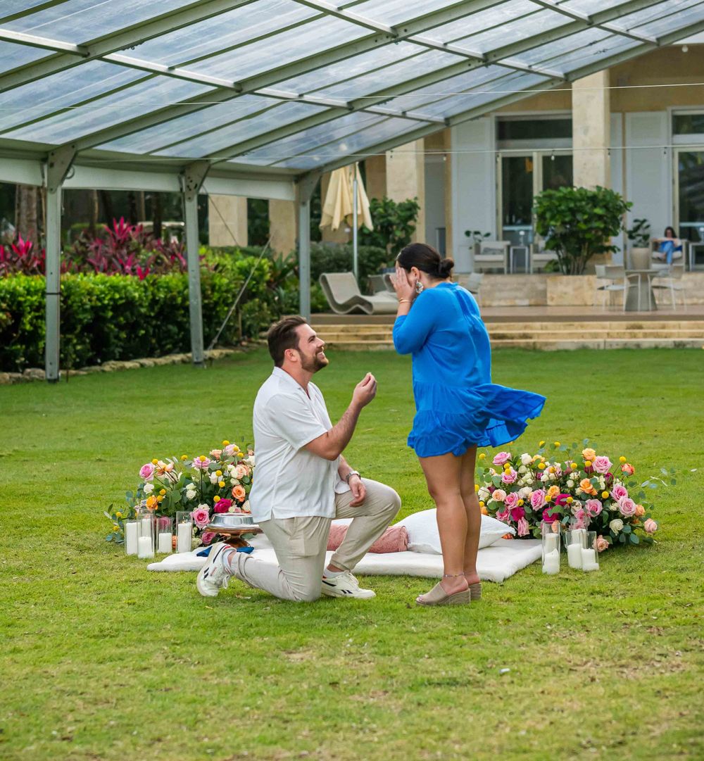A romantic greenhouse proposal scene with pink flowers and white lanterns as decorations.