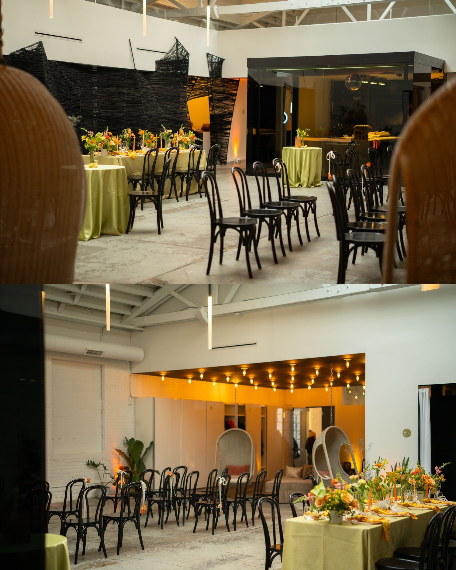 Industrial event venue with black chairs and yellow tablecloths under warm lighting.