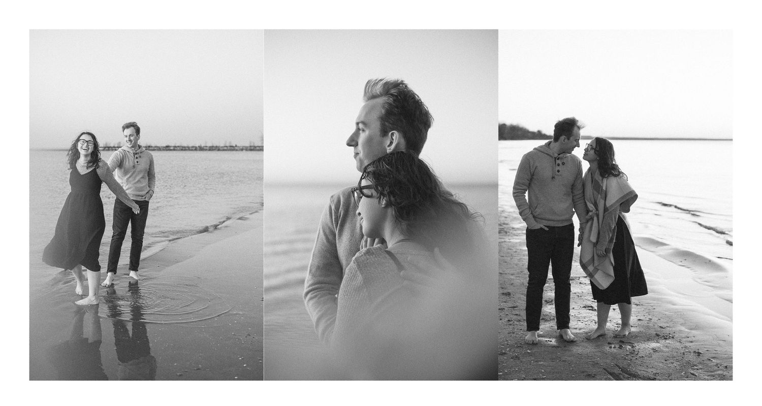 Three black and white beach photos show couples walking and posing together along the shoreline at sunset.