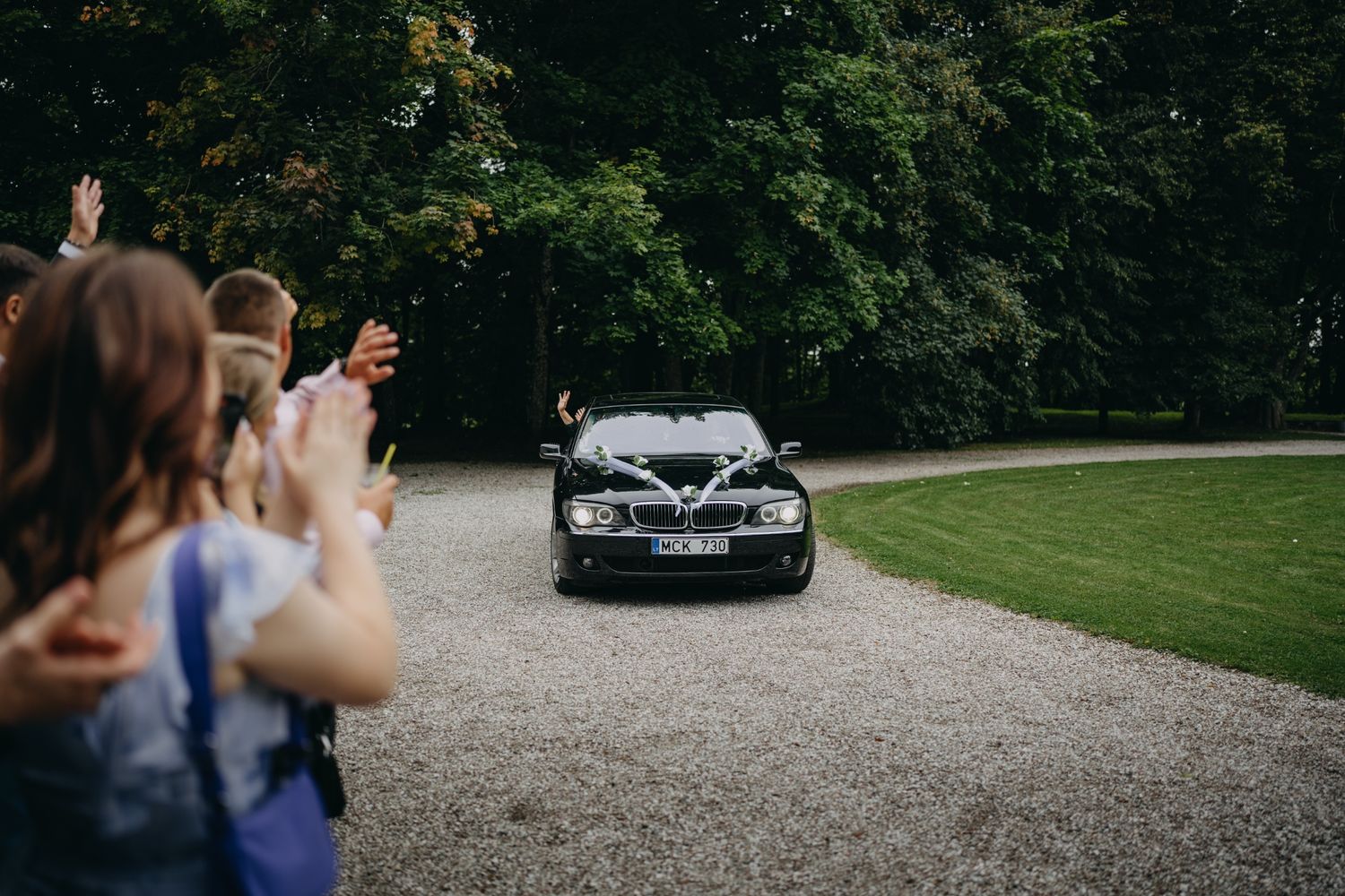 Wedding guests mingling outdoors with vintage car visible in background.