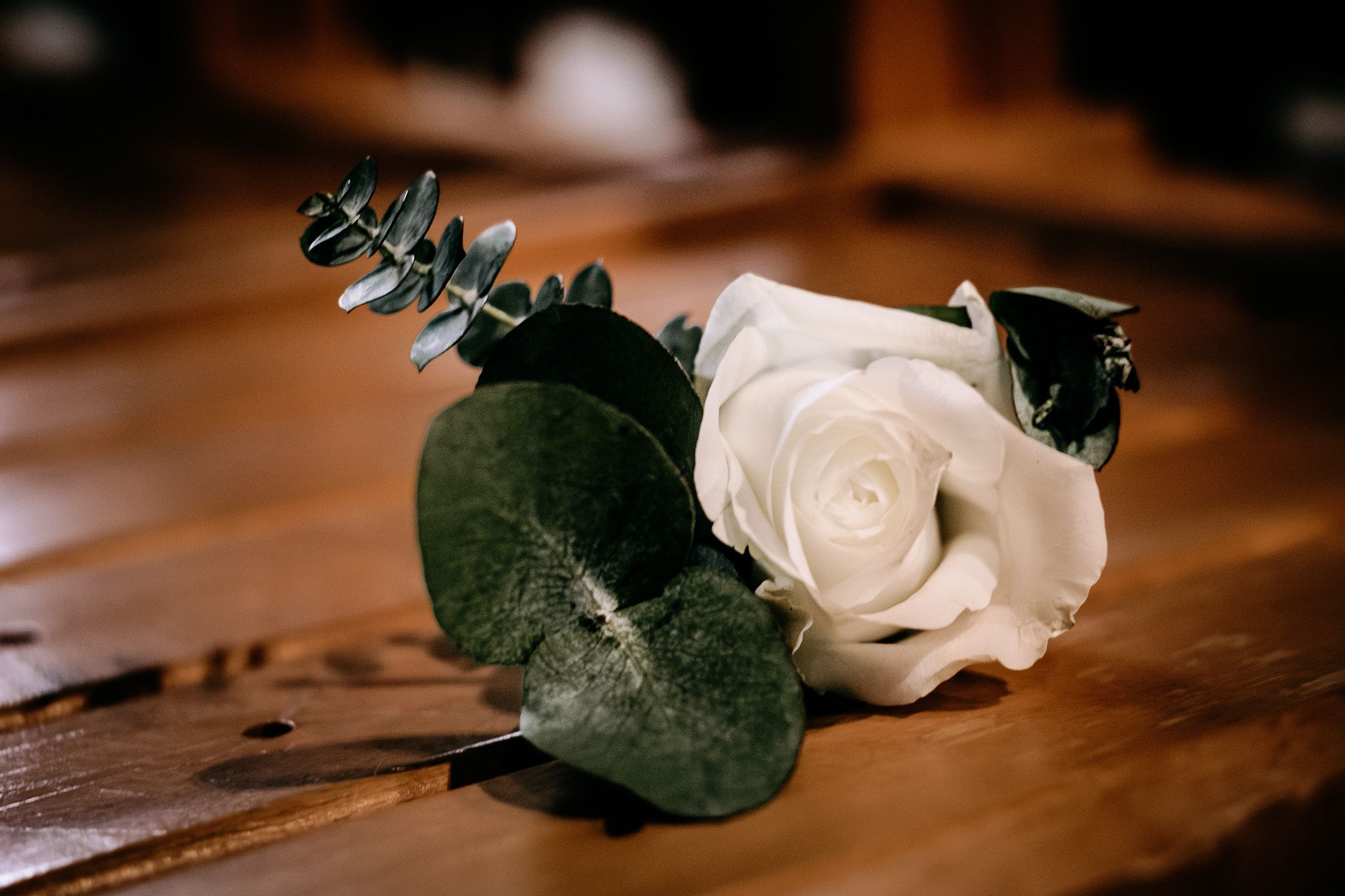 Single white rose with eucalyptus leaves on wooden surface in warm lighting.